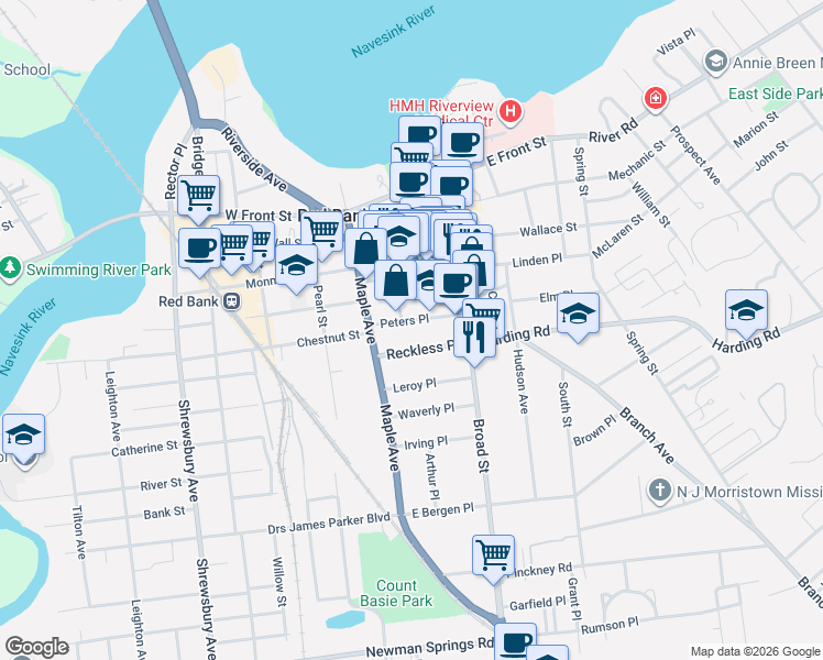 map of restaurants, bars, coffee shops, grocery stores, and more near 44 Reckless Place in Red Bank