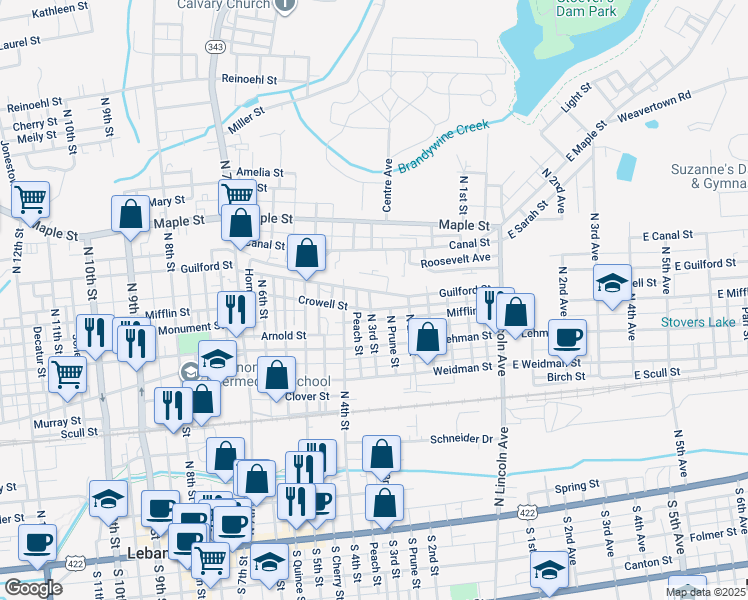 map of restaurants, bars, coffee shops, grocery stores, and more near 522 North 3rd Street in Lebanon