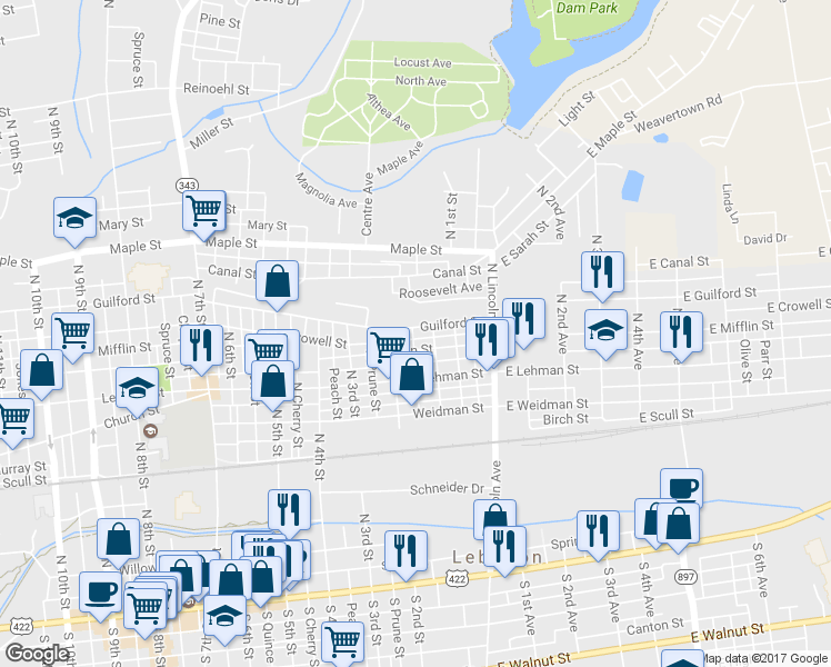 map of restaurants, bars, coffee shops, grocery stores, and more near 118 Guilford Street in Lebanon