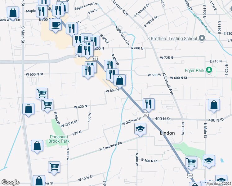 map of restaurants, bars, coffee shops, grocery stores, and more near 550 North State Street in Lindon
