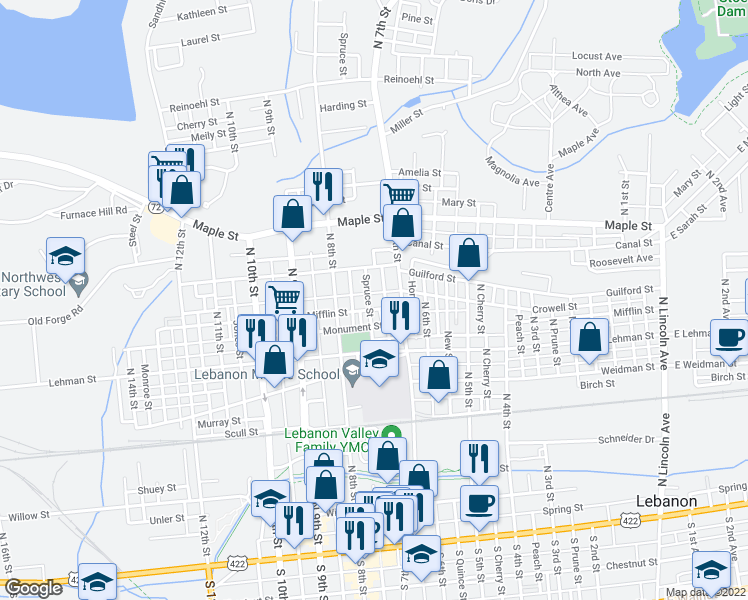 map of restaurants, bars, coffee shops, grocery stores, and more near 512 Spruce Street in Lebanon