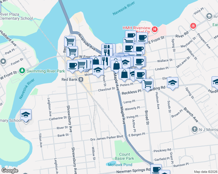 map of restaurants, bars, coffee shops, grocery stores, and more near 27 Chestnut Street in Red Bank