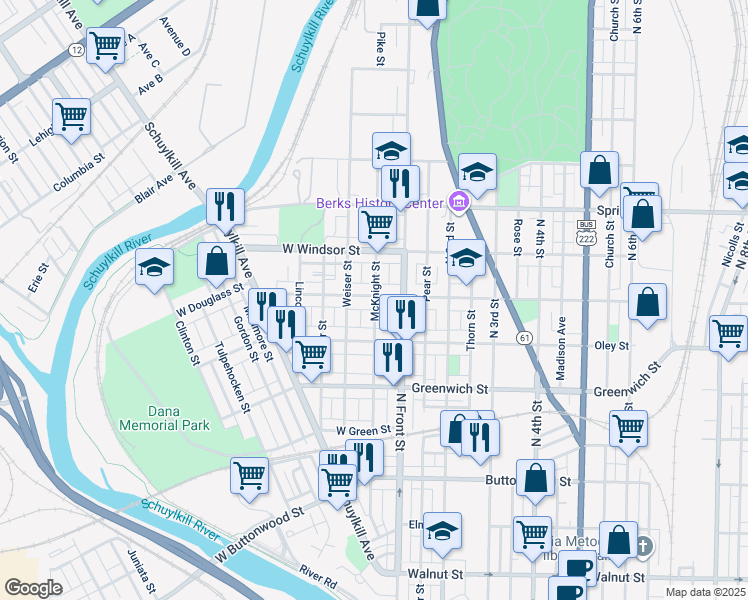 map of restaurants, bars, coffee shops, grocery stores, and more near 741R McKnight Street in Reading