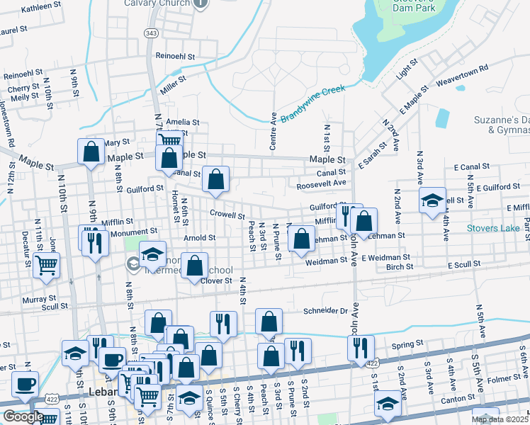 map of restaurants, bars, coffee shops, grocery stores, and more near 522 North 3rd Street in Lebanon