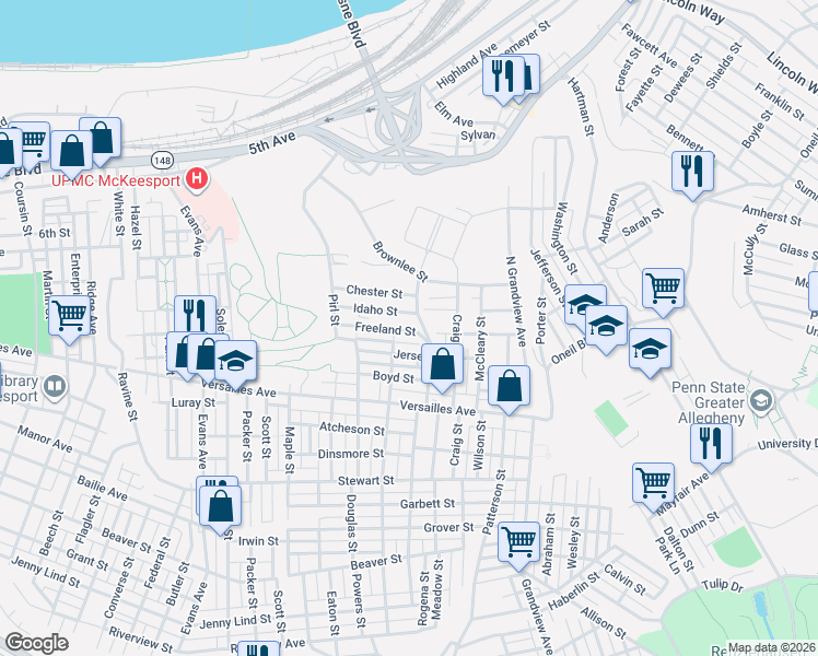 map of restaurants, bars, coffee shops, grocery stores, and more near 2923 Jersey Street in McKeesport