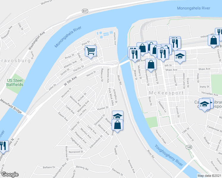 map of restaurants, bars, coffee shops, grocery stores, and more near 818 Arlington Street in McKeesport