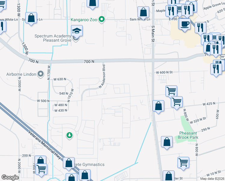 map of restaurants, bars, coffee shops, grocery stores, and more near 573 North Sweet Corn Lane in Lindon
