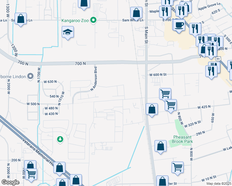 map of restaurants, bars, coffee shops, grocery stores, and more near 575 North Buffalo Grass Lane in Lindon