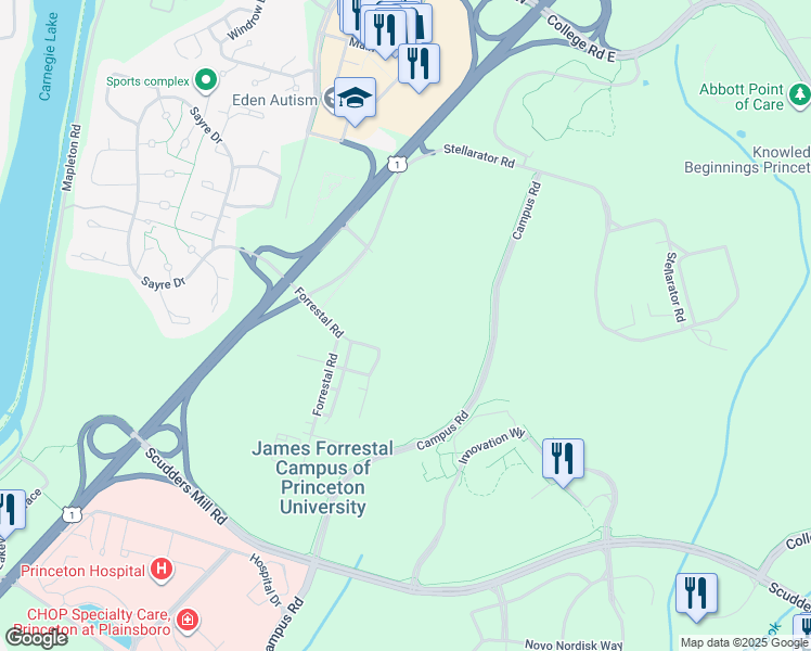 map of restaurants, bars, coffee shops, grocery stores, and more near 300 Forrestal Road in Princeton