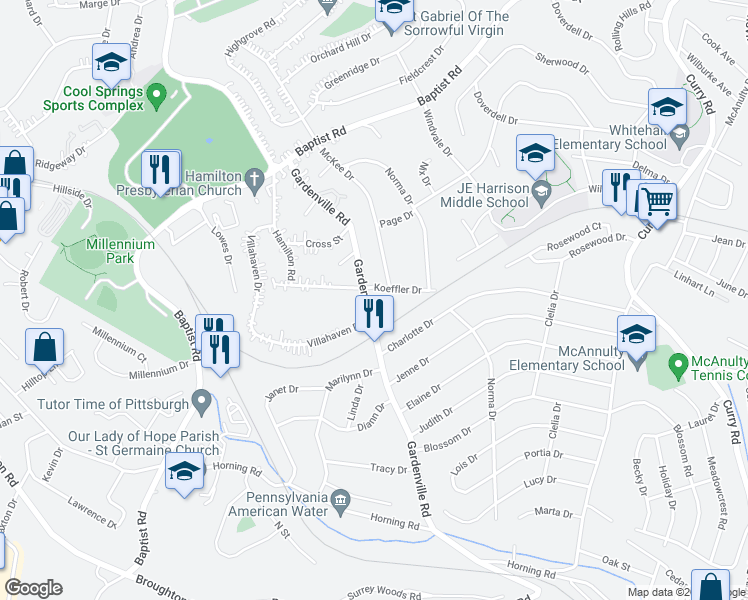 map of restaurants, bars, coffee shops, grocery stores, and more near 4809 Gardenville Road in Pittsburgh