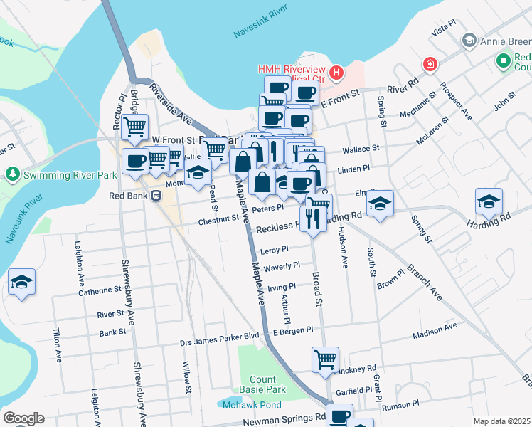 map of restaurants, bars, coffee shops, grocery stores, and more near 55 Peters Place in Red Bank