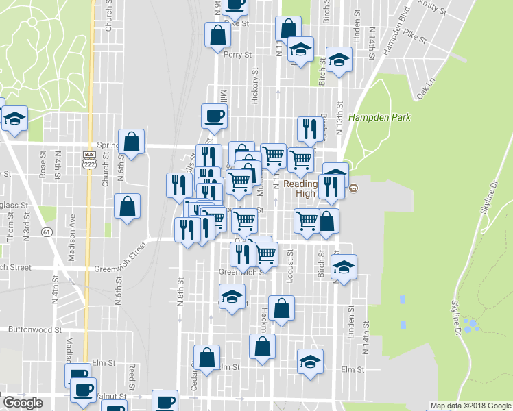 map of restaurants, bars, coffee shops, grocery stores, and more near 1021 Douglass Street in Reading