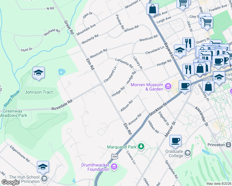 map of restaurants, bars, coffee shops, grocery stores, and more near 164 Hodge Road in Princeton