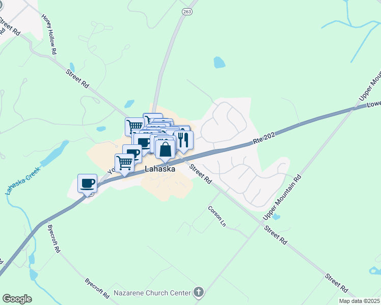 map of restaurants, bars, coffee shops, grocery stores, and more near 5921 Lower York Road in New Hope