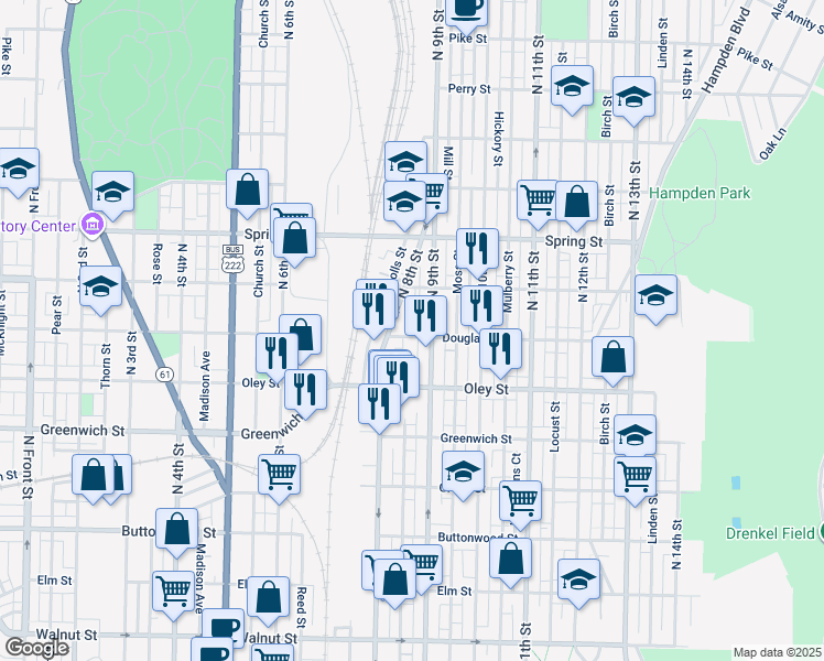 map of restaurants, bars, coffee shops, grocery stores, and more near 831 Douglass Street in Reading
