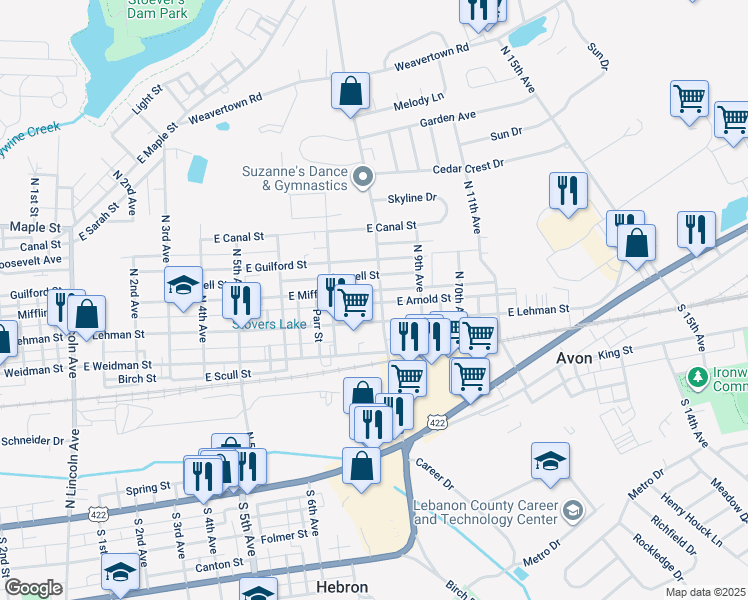 map of restaurants, bars, coffee shops, grocery stores, and more near 423 North 8th Avenue in Lebanon