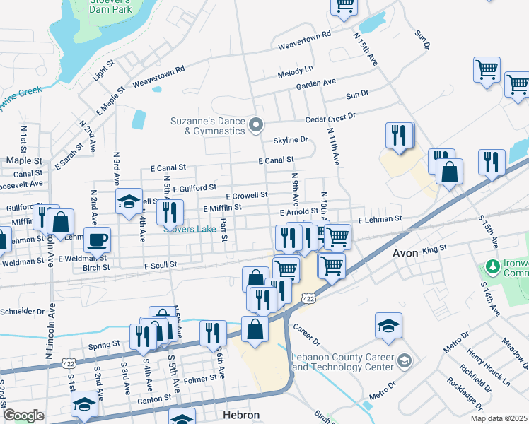 map of restaurants, bars, coffee shops, grocery stores, and more near 423 North 8th Avenue in Lebanon