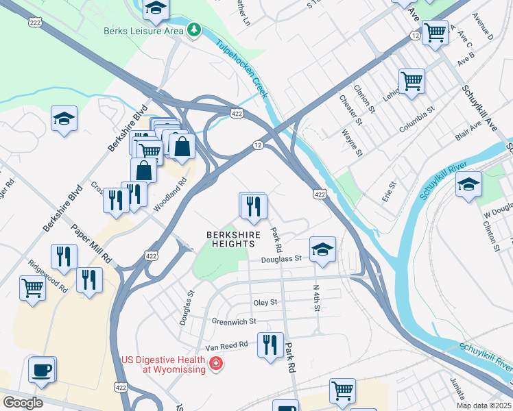 map of restaurants, bars, coffee shops, grocery stores, and more near 850 North Park Road in Wyomissing