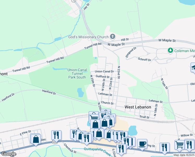 map of restaurants, bars, coffee shops, grocery stores, and more near 2417 Mifflin Street in Lebanon