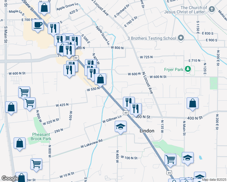 map of restaurants, bars, coffee shops, grocery stores, and more near 532 North State Street in Lindon