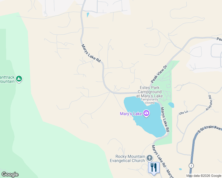 map of restaurants, bars, coffee shops, grocery stores, and more near 2091 Marys Lake Road in Estes Park