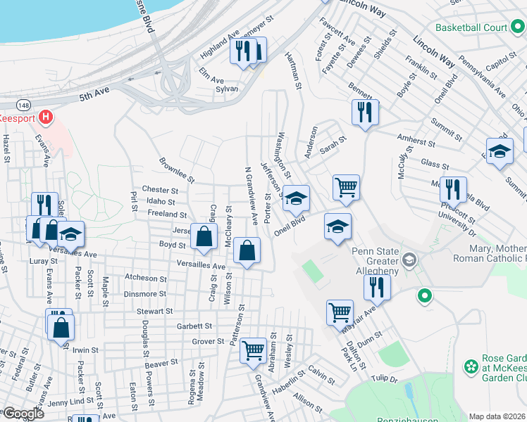 map of restaurants, bars, coffee shops, grocery stores, and more near 3401 Oneil Boulevard in McKeesport