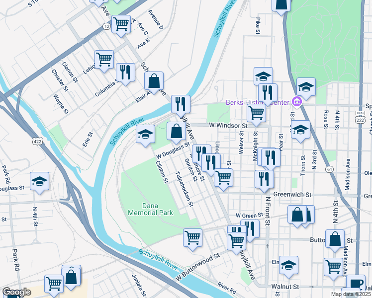 map of restaurants, bars, coffee shops, grocery stores, and more near 729 Gordon Street in Reading