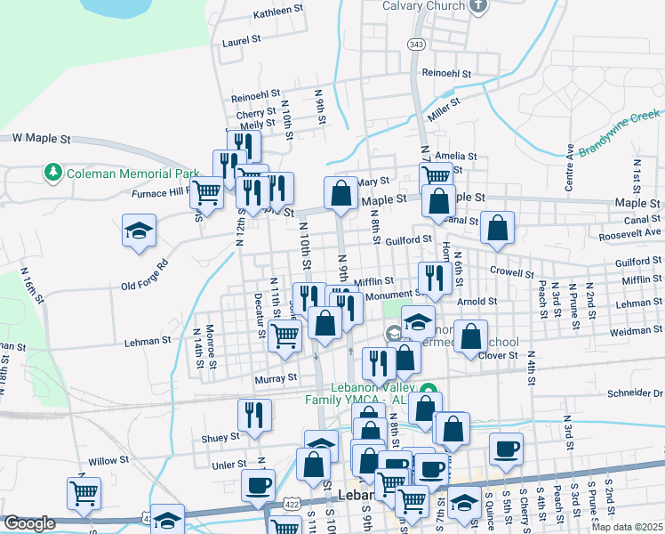 map of restaurants, bars, coffee shops, grocery stores, and more near 909 Mifflin Street in Lebanon