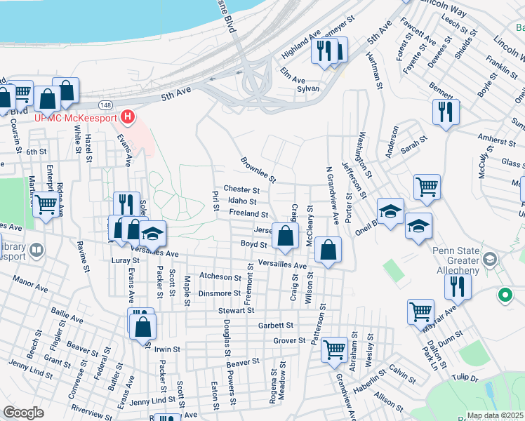 map of restaurants, bars, coffee shops, grocery stores, and more near 2923 Jersey Street in McKeesport