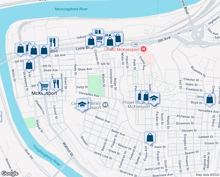 map of restaurants, bars, coffee shops, grocery stores, and more near in McKeesport