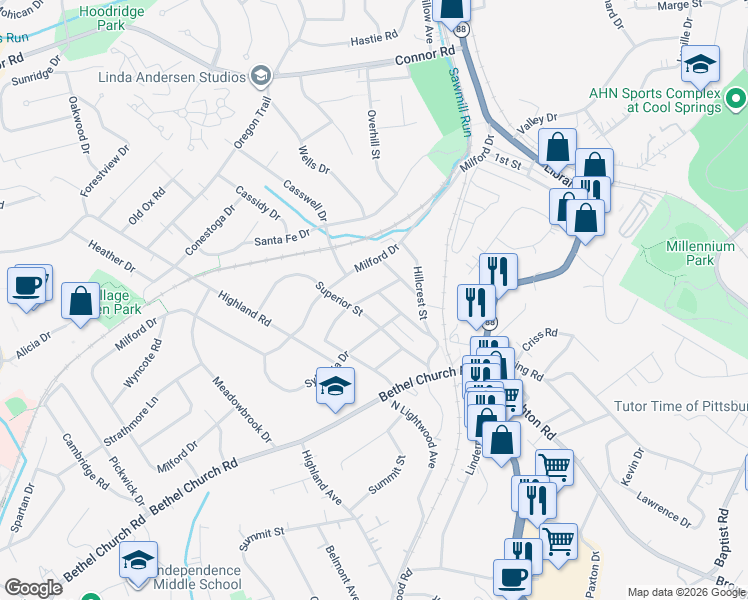 map of restaurants, bars, coffee shops, grocery stores, and more near 2107 Superior Street in Bethel Park