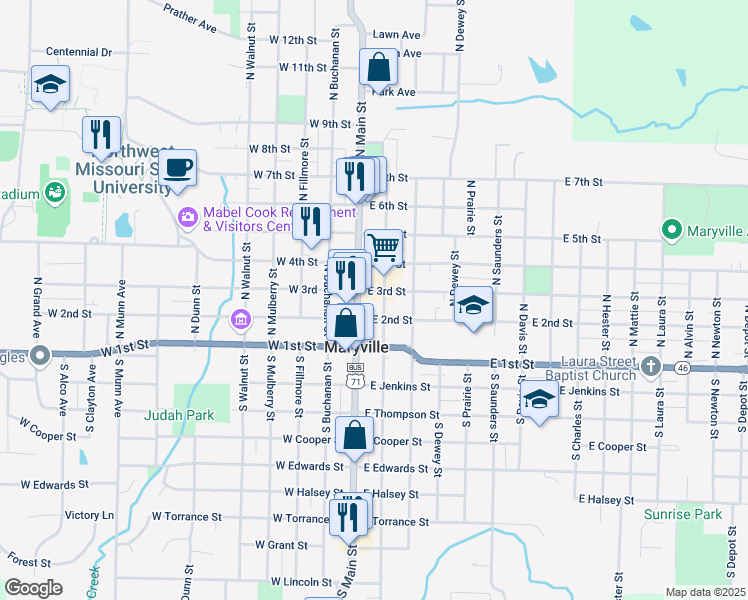 map of restaurants, bars, coffee shops, grocery stores, and more near 205 North Market Street in Maryville