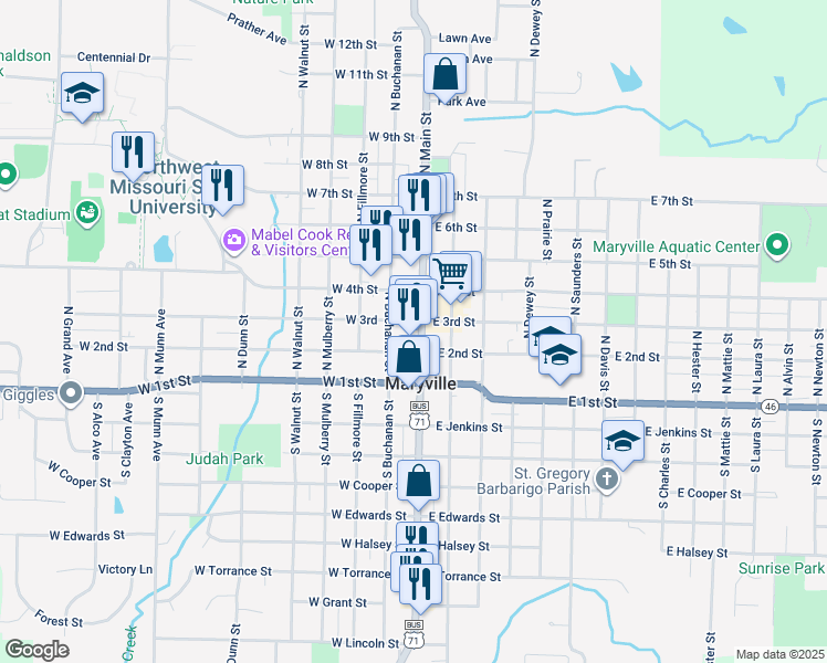 map of restaurants, bars, coffee shops, grocery stores, and more near 108 North Main Street in Maryville