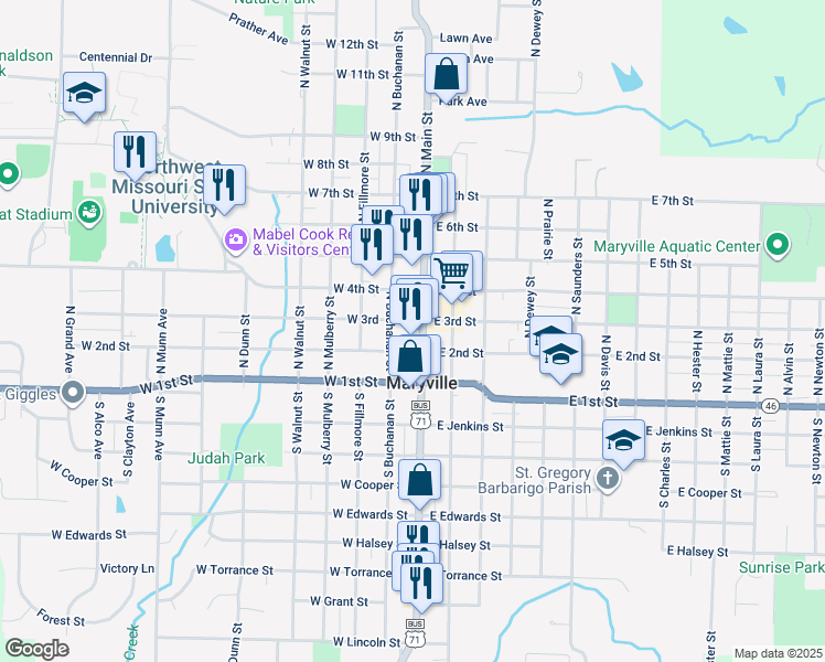 map of restaurants, bars, coffee shops, grocery stores, and more near 108 North Main Street in Maryville