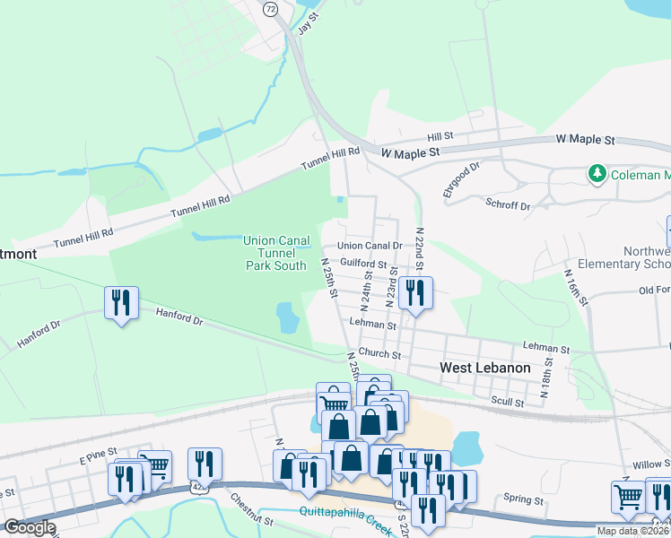 map of restaurants, bars, coffee shops, grocery stores, and more near 2417 Mifflin Street in Lebanon