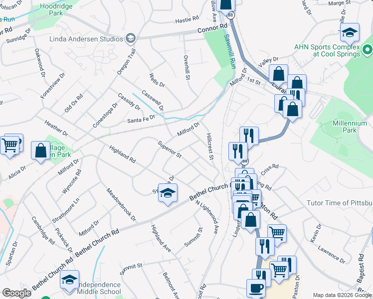 map of restaurants, bars, coffee shops, grocery stores, and more near 2107 Superior Street in Bethel Park