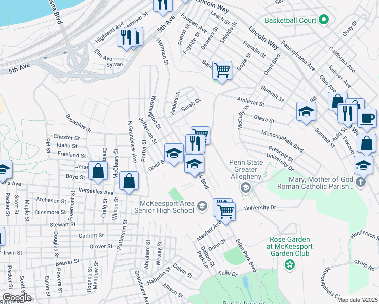 map of restaurants, bars, coffee shops, grocery stores, and more near 3812 Oneil Boulevard in McKeesport