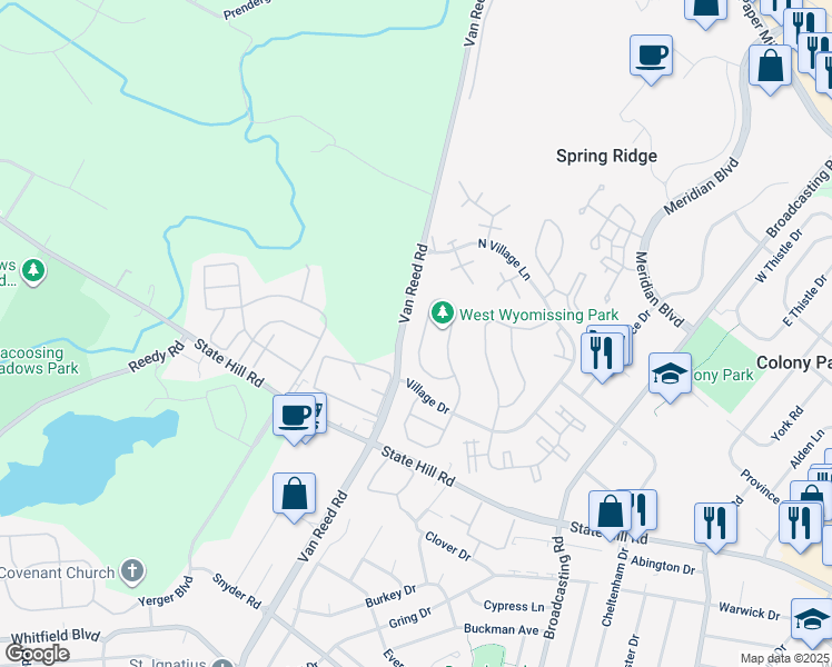 map of restaurants, bars, coffee shops, grocery stores, and more near 145 Lucinda Lane in Wyomissing
