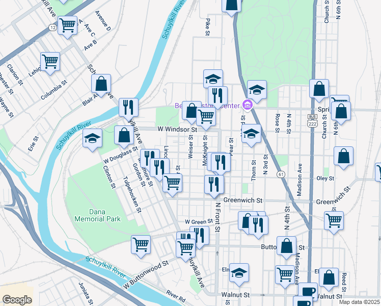 map of restaurants, bars, coffee shops, grocery stores, and more near Weiser St & W Douglass St in Reading