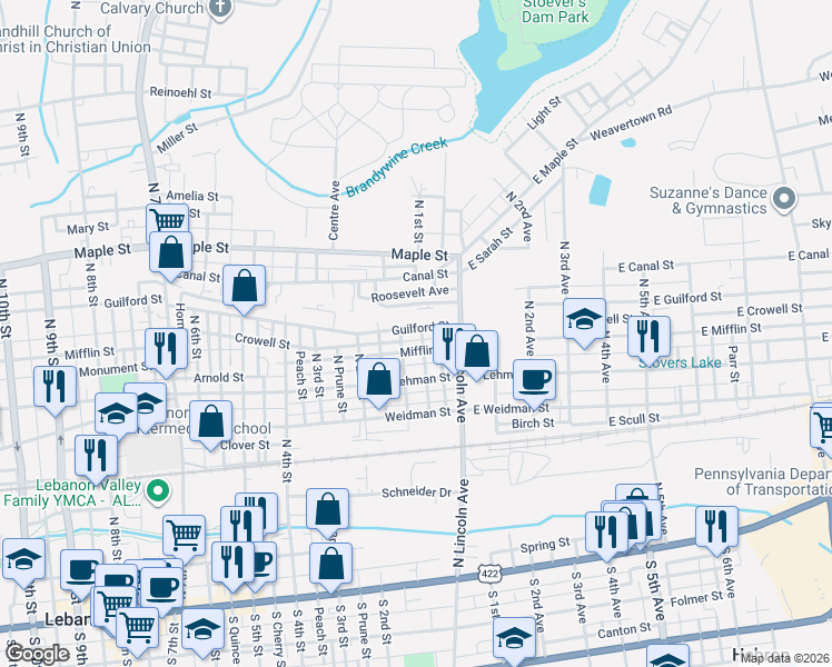 map of restaurants, bars, coffee shops, grocery stores, and more near 44 Guilford Street in Lebanon
