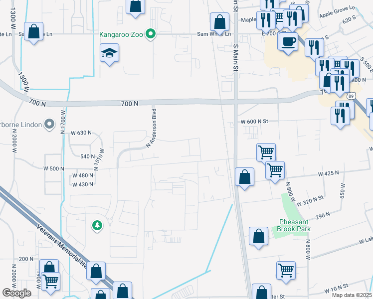 map of restaurants, bars, coffee shops, grocery stores, and more near 587 North Buffalo Grass Lane in Lindon