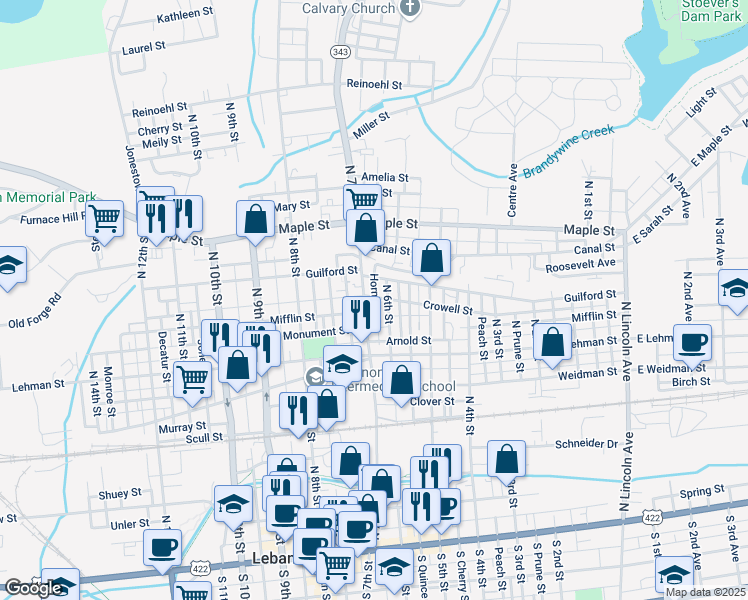 map of restaurants, bars, coffee shops, grocery stores, and more near 618 Crowell Street in Lebanon