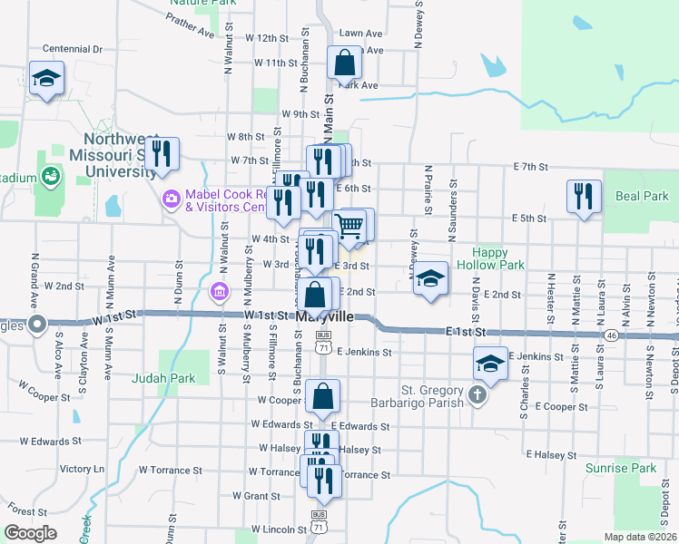 map of restaurants, bars, coffee shops, grocery stores, and more near 205 North Market Street in Maryville