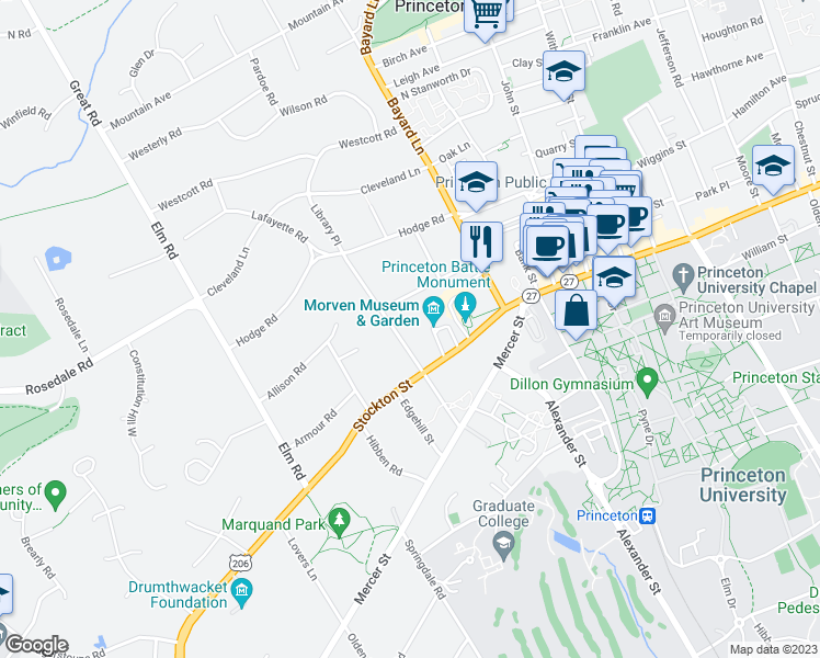 map of restaurants, bars, coffee shops, grocery stores, and more near 76 Library Place in Princeton