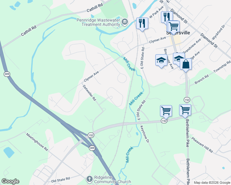 map of restaurants, bars, coffee shops, grocery stores, and more near 34 Komen Court in Sellersville