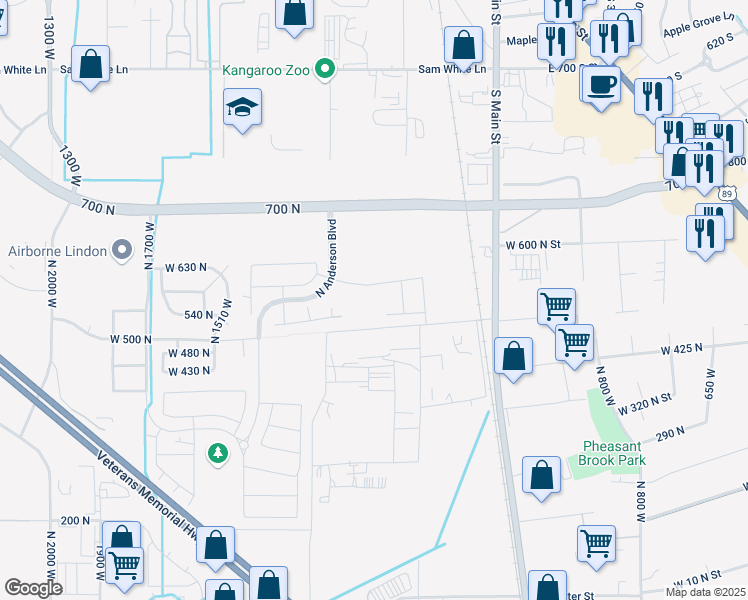 map of restaurants, bars, coffee shops, grocery stores, and more near 1331 West Cornstalk Lane in Lindon