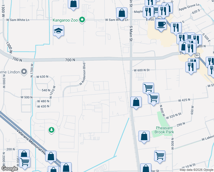 map of restaurants, bars, coffee shops, grocery stores, and more near 588 North Buffalo Grass Lane in Lindon