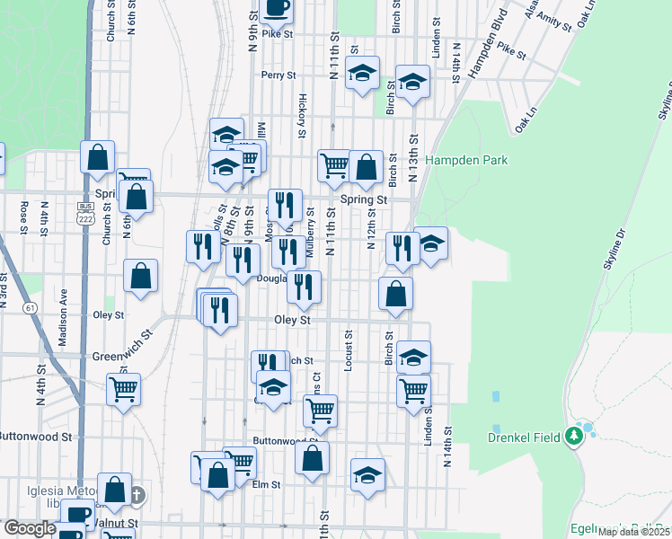 map of restaurants, bars, coffee shops, grocery stores, and more near 1114 Douglass Street in Reading