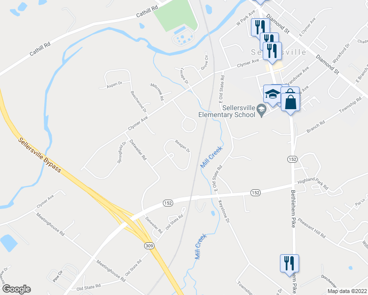 map of restaurants, bars, coffee shops, grocery stores, and more near 55 Reagan Drive in Sellersville