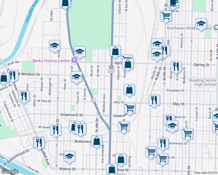 map of restaurants, bars, coffee shops, grocery stores, and more near 800 North 5th Street in Reading